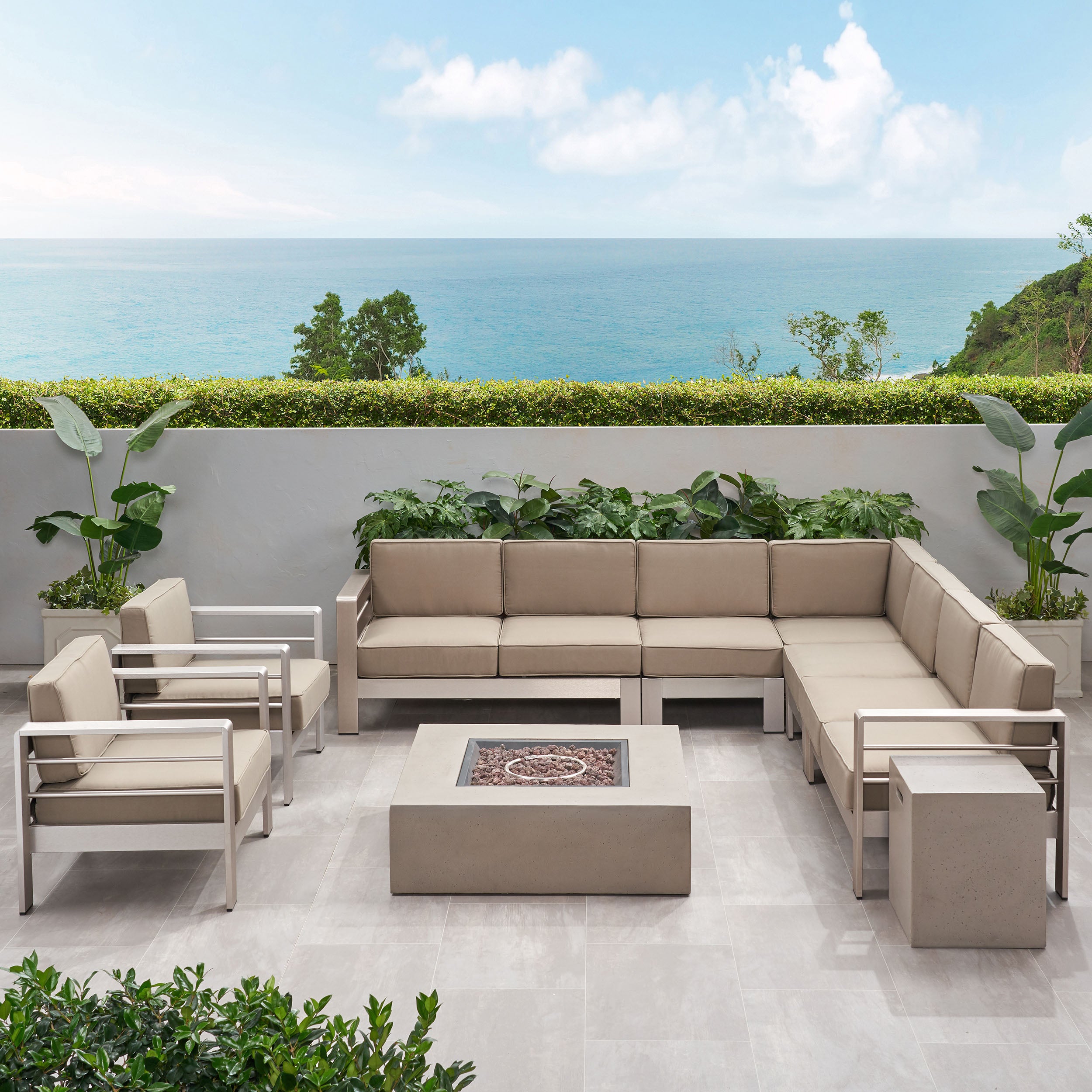 Danae Coral Outdoor 9 Seater Aluminum L-Shaped Sofa Sectional and Fire Pit Set