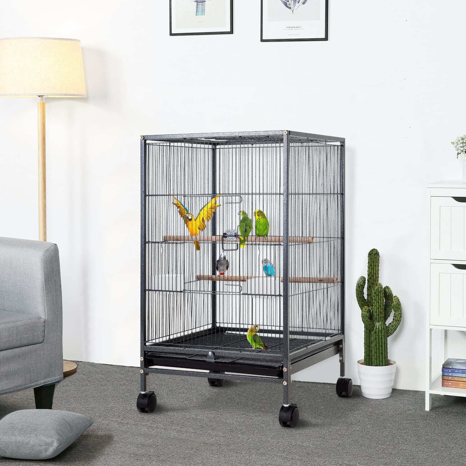 BestPet 35-Inch Wrought Iron Bird Cage with Play Open Top and Rolling Stand，Black