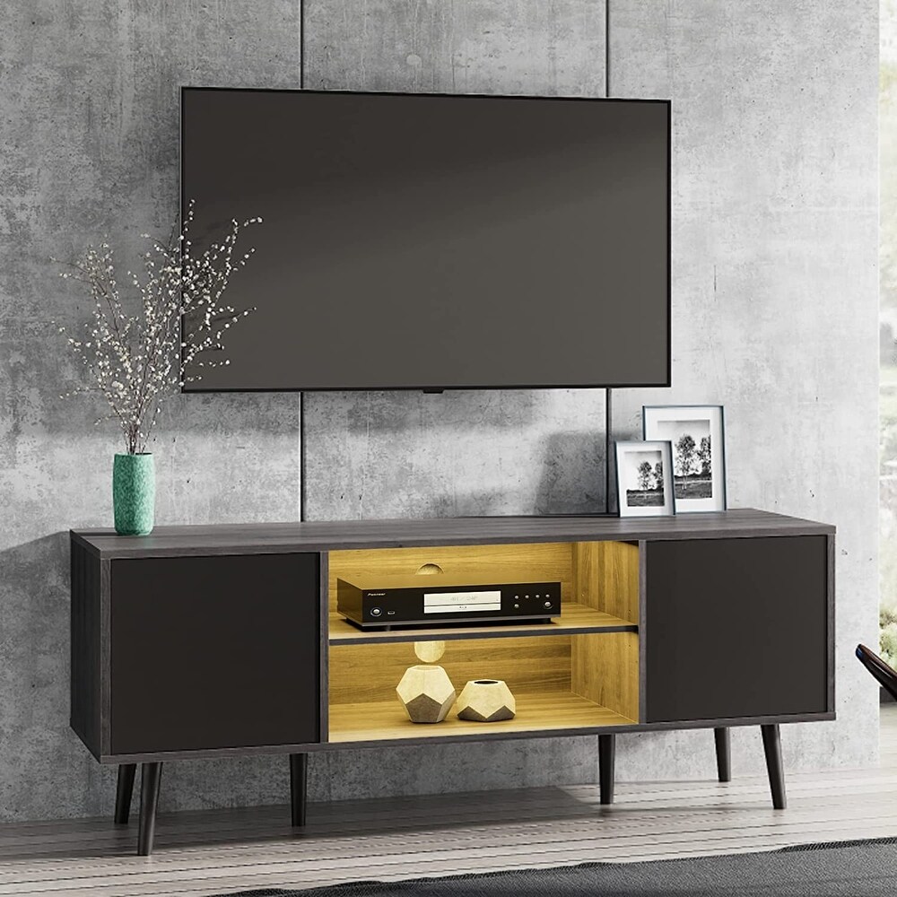 WAMPAT Mid Century Modern TV Stand 61.6 inch Black   Grey