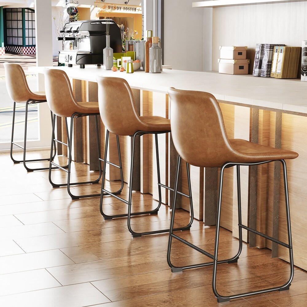 Counter Height Bar Stools Set of 2 PU Leather Barstools with Metal Leg