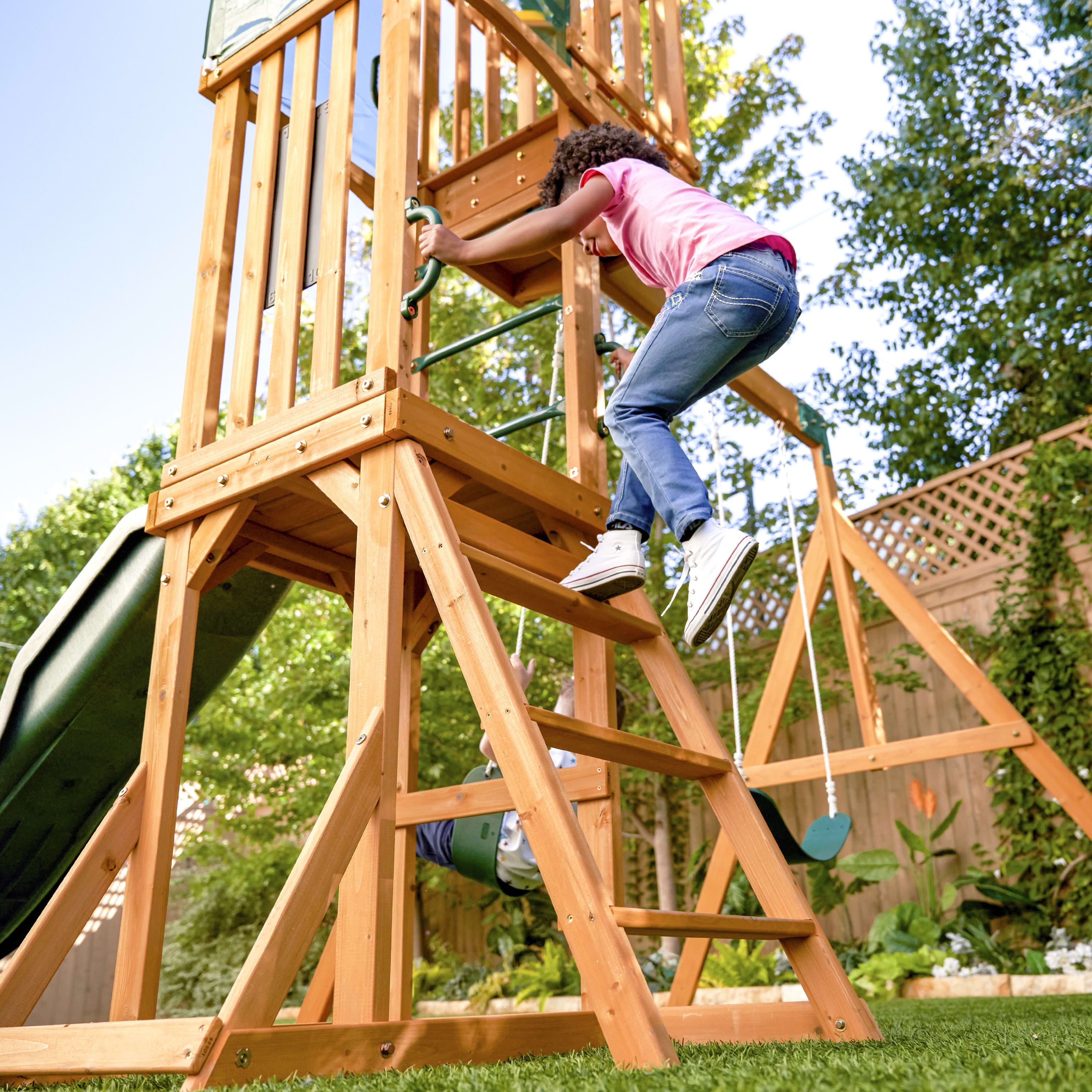 KidKraft Hawk Tower Wooden Swing Set with Slide and 2 Swings