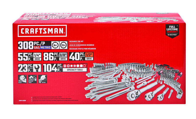 Craftsman 1/4， 3/8 and 1/2 in. drive Metric and SAE 6 and 12 Point Mechanic\u0027s Tool Set 308 pc