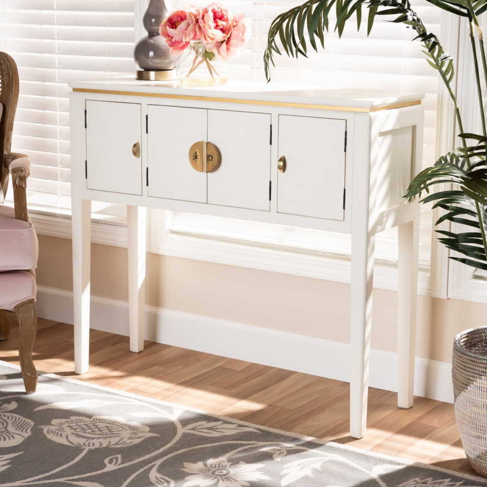 Classic Console Table  Japanese Inspired With 4 Cabinet Doors  ampGold Pull  White   Asian   Console Tables   by Decor Love  Houzz