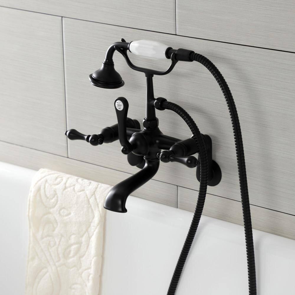 Kingston Brass Aqua Vintage 3-Handle Wall-Mount Clawfoot Tub Faucets with Hand Shower in Matte Black HAE51T0