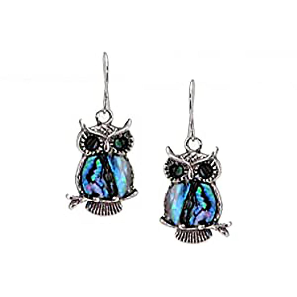 Wild Pearle  Abalone Silver Plated Dangle Earrings Regal Owl