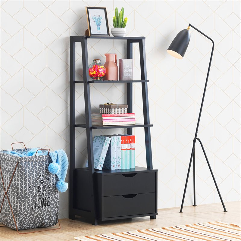 Costway 4 Tier Contemporary MDF Ladder Bookcase with 2 Drawers in Black   Transitional   Bookcases   by Homesquare  Houzz