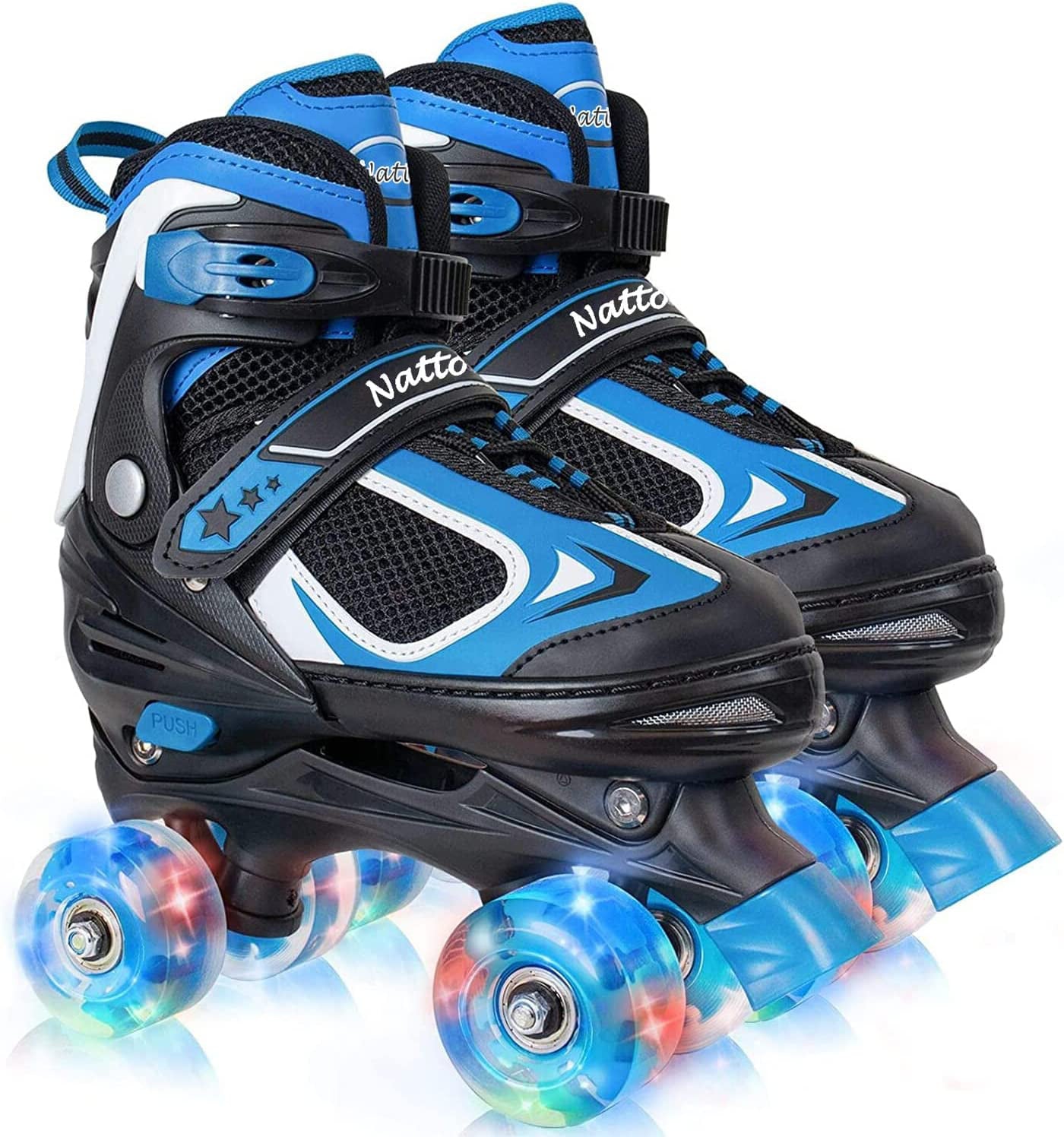 Nattork Kids Roller Skates for Boys Girls Childs 4 Sizes Adjustable Quad Skates with All Light up Wheels Blue Medium(1Y-3Y)