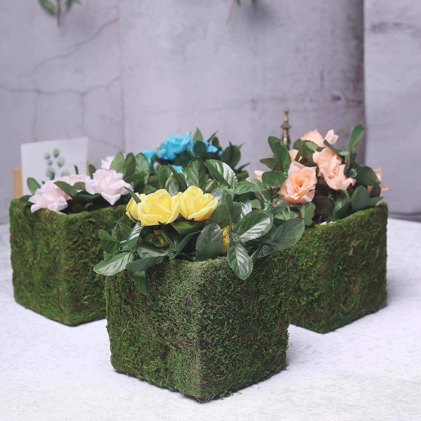 4 Pack Green Preserved Moss Covered Square Planter Boxes, Flower Baskets with Inner Lining 6