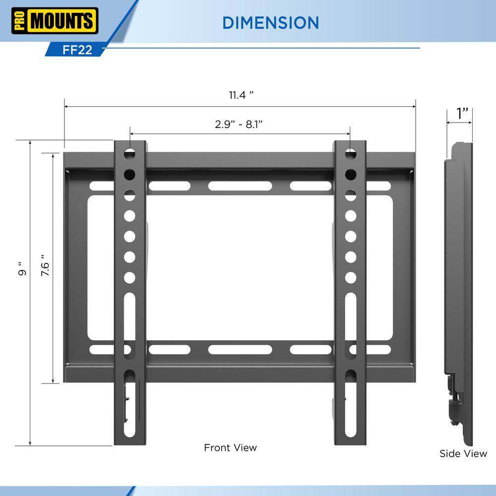 ProMounts Universal Fixed Small Durable Ultra Slim Flat Tilt TV Wall Mount for 13-47 in. VESA 50x50 200x200 Locking brackets FF22