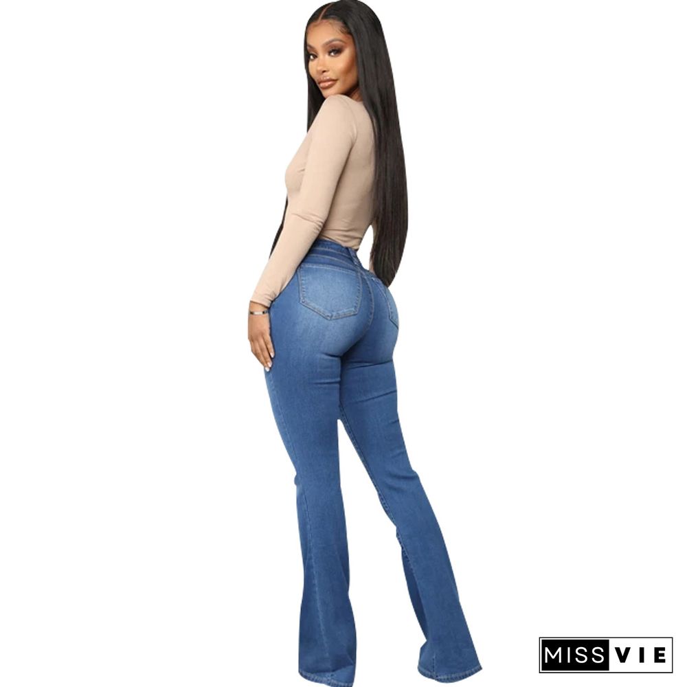 High Waist Full Length Slim Flare Jeans Pants