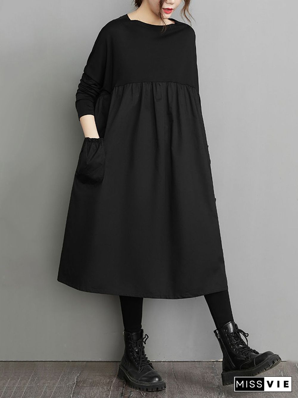 Simple Loose Black Split-Joint Long Sleeves Midi Dress