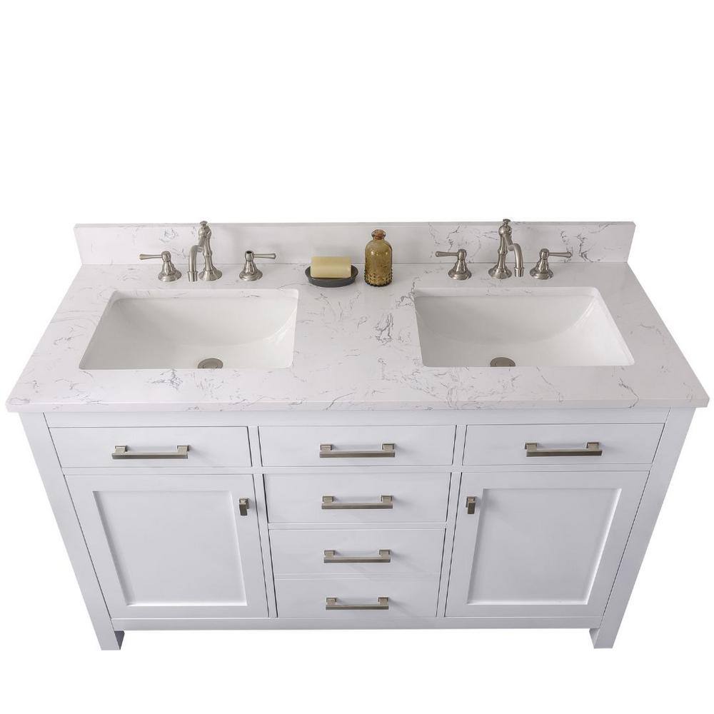 SUDIO Jasper 54 in. W x 22 in. D Bath Vanity in White with Engineered Stone Vanity Top in Carrara White with White Basins Jasper-54W-D