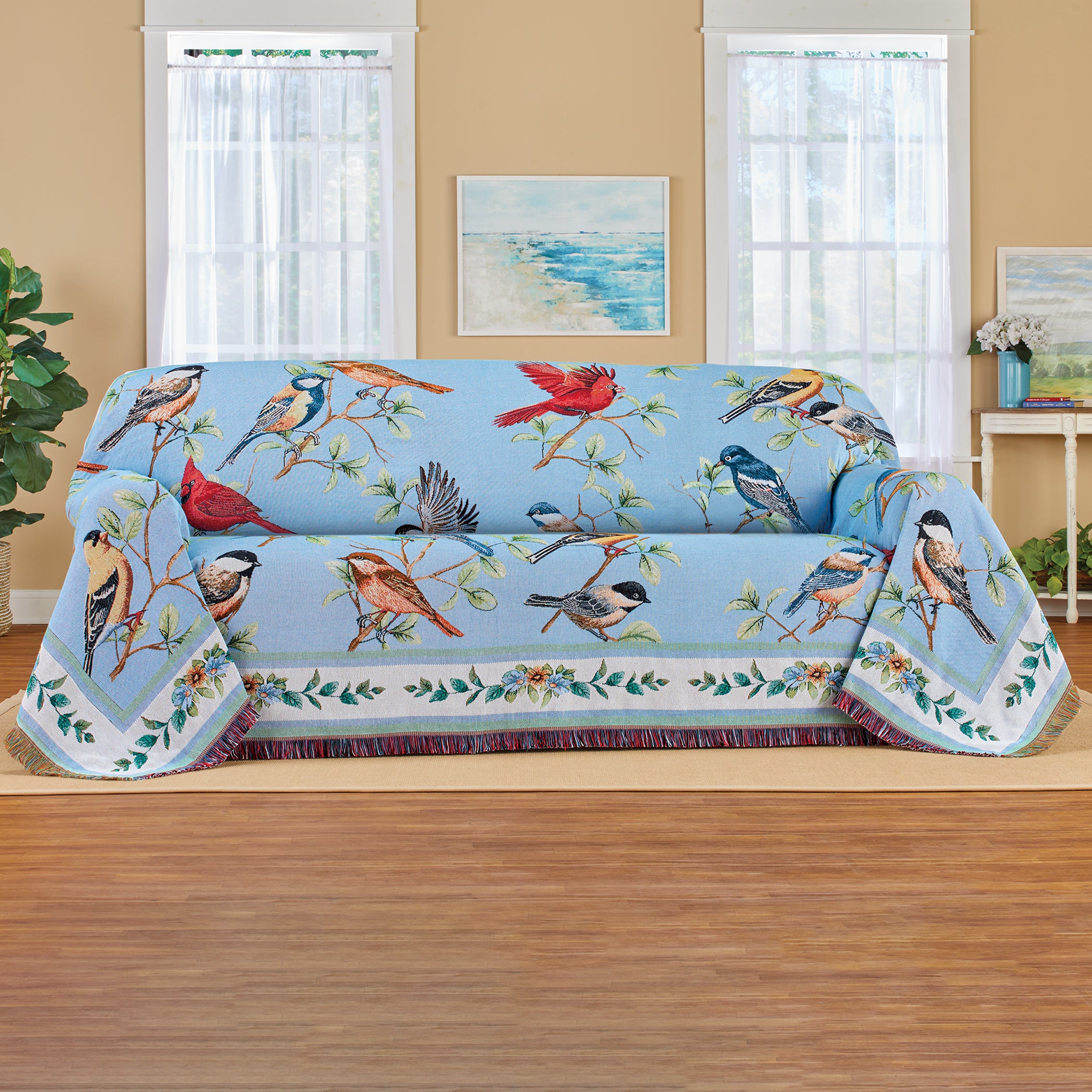 Collections Etc Songbirds and Branches Tapestry Furniture Throw Blanket Cover | For Chairs, Loveseats, Sofas | Polyester, Cotton | Machine Washable