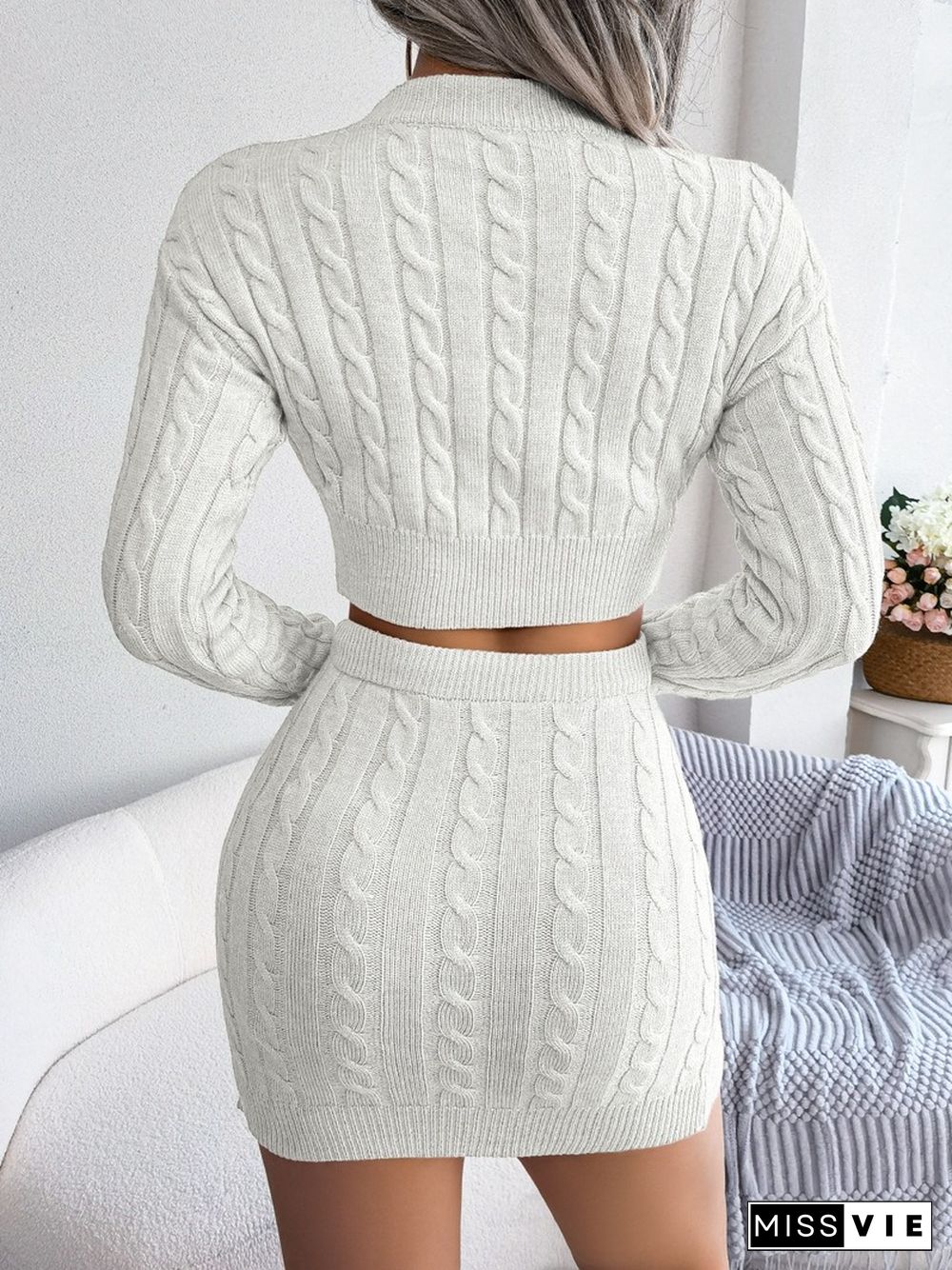 Fashion Twist Knitted Sweater Skirt 2 Piece Set For Women Suit New Solid Short Tops + Elastic Waist Mini Skirt Sets