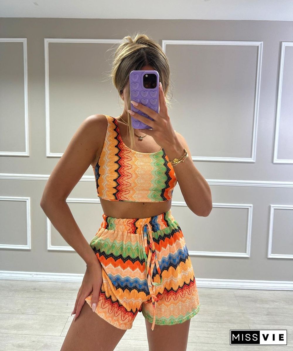 Summer Printing Casual Two Piece Shorts Set