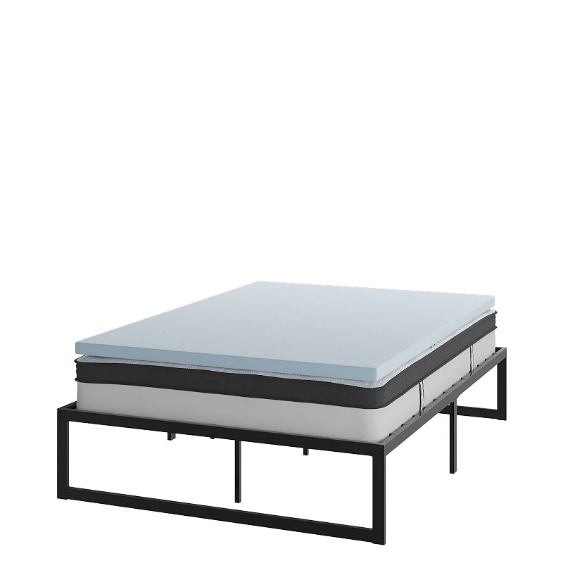 Flash Furniture 14 Metal Platform Bed Frame with 10 Pocket Spring Mattress in a Box and 2 Cool Gel Memory Foam Topper