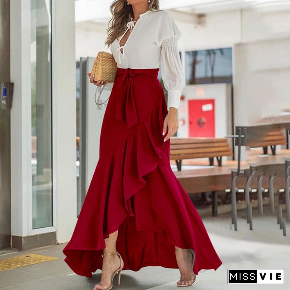 Women Ruffles Hem Mermaid Skirt Maxi Saia Elastic High Waist Asymmetrical Party Elegant Casual Long Skirt Plus Size