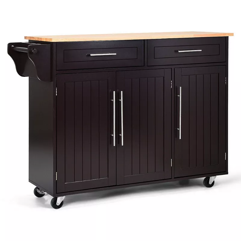 Kitchen Island Trolley Wood Top Rolling Storage Cabinet Cart with Knife Block