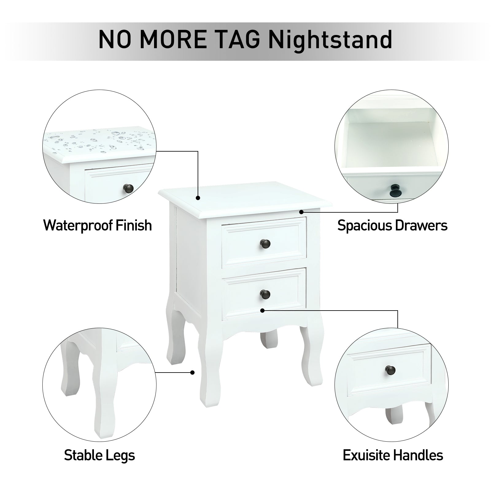 Babion White Nightstand Set of 2 Wood Bedside Tables, No Assembly