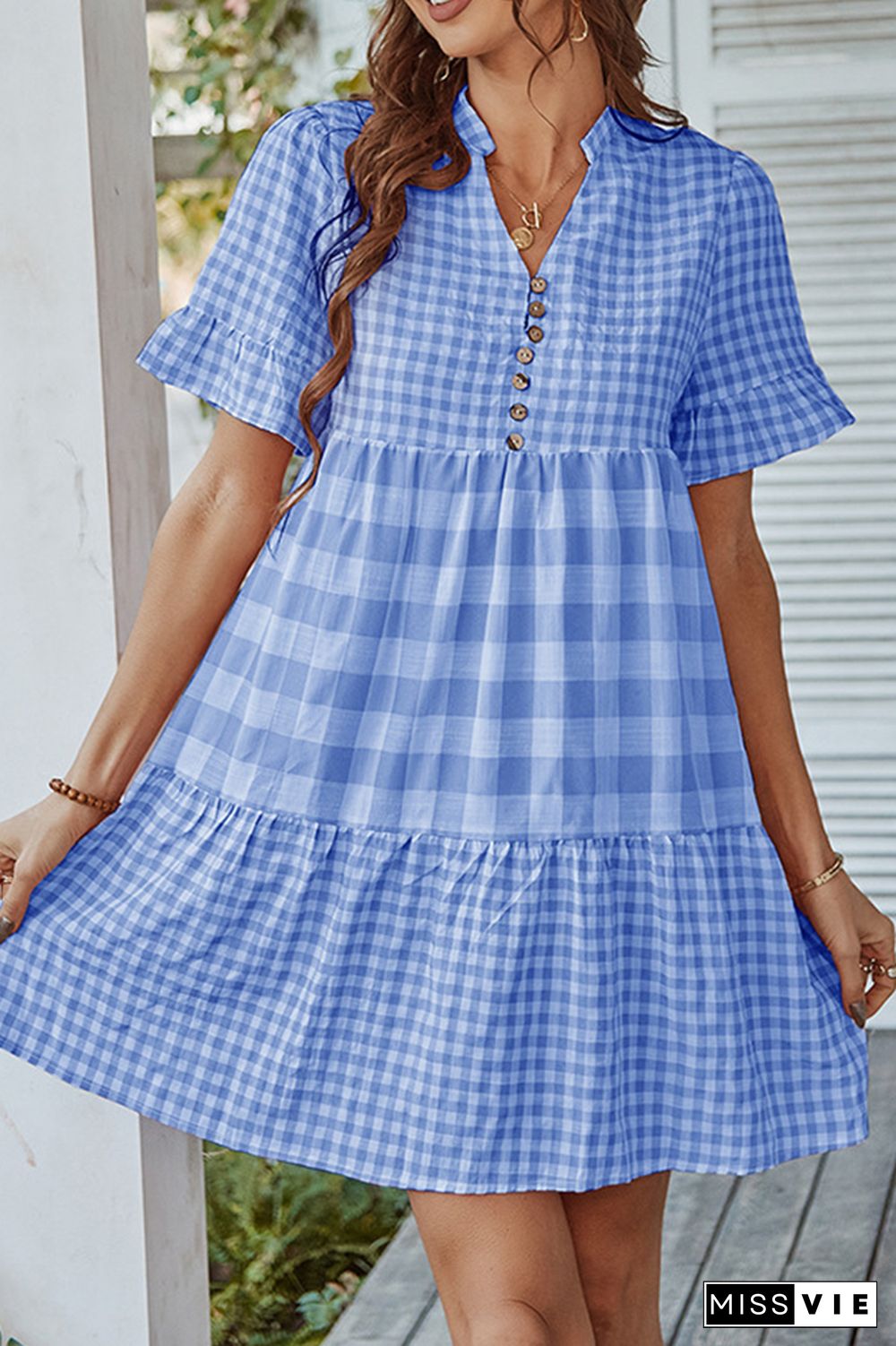 Stripe Print Buttons V-neck Short Sleeve Mini Dress Wholesale