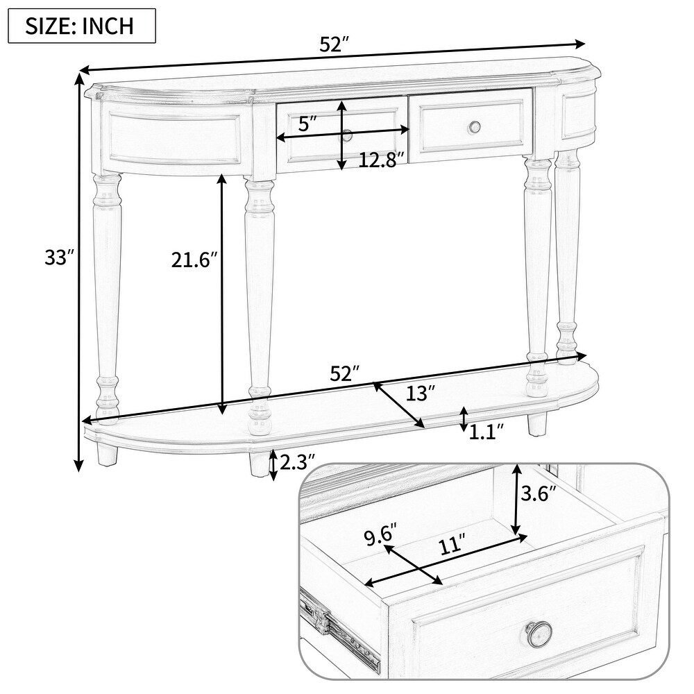 Semi Circle Curved Design Console Table with Open Style Solid Wood Frame   2 Drawers for Living Room