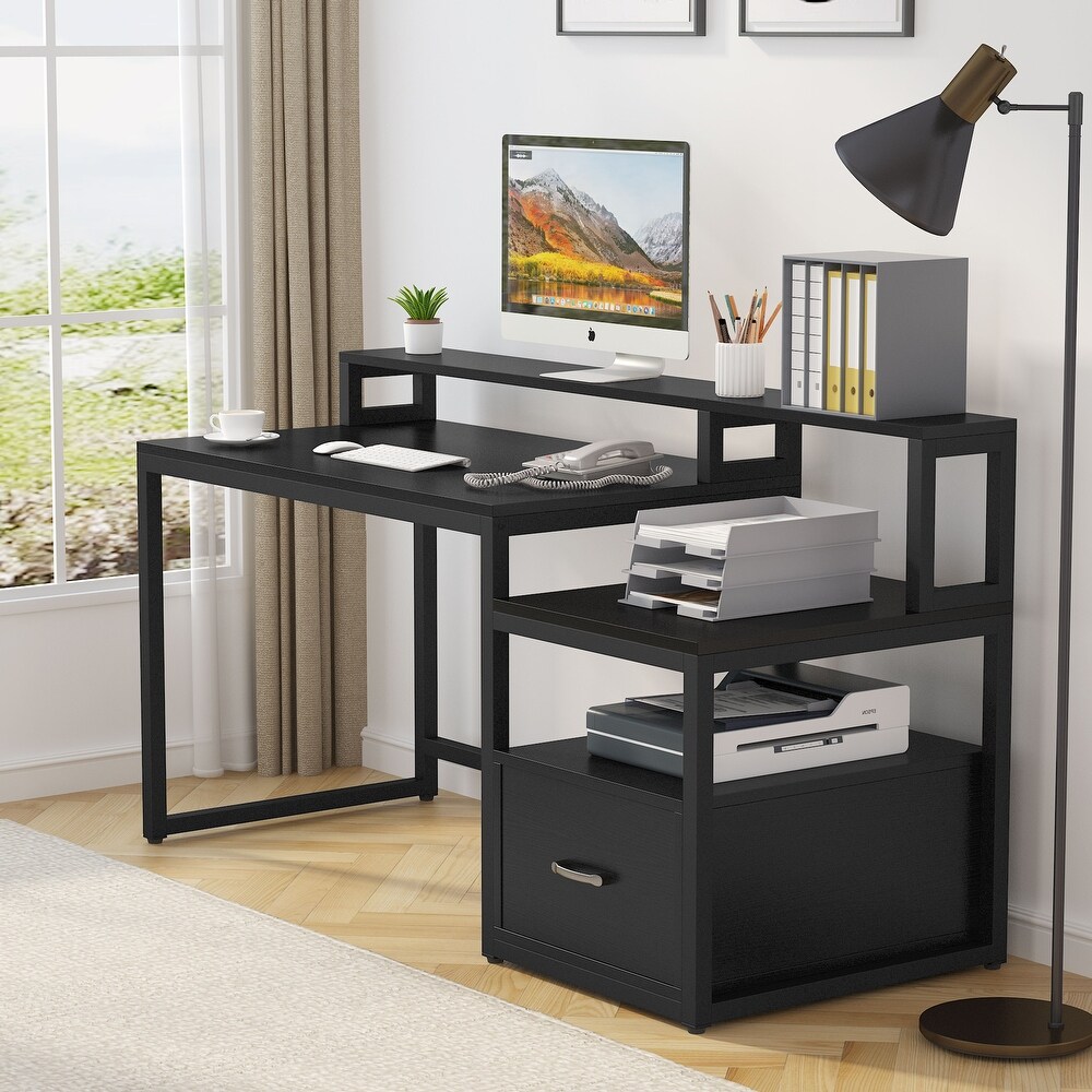 59'' Computer Desk with Drawer  Storage Shelves and Monitor Stand