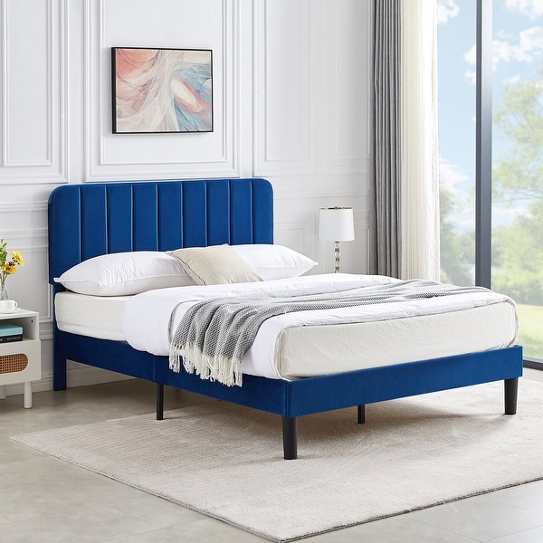 Javlergo 3-Piece Modern Bedroom Set with Upholstered Bed Frame and 2 Nightstand， Blue - - 37904706