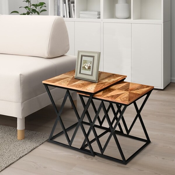 25， 23 Inch Square 2 Piece Nesting End Table Set， Wood to P， X Shape Iron Frame， Den， Bedroom Living Room， Brown and Black