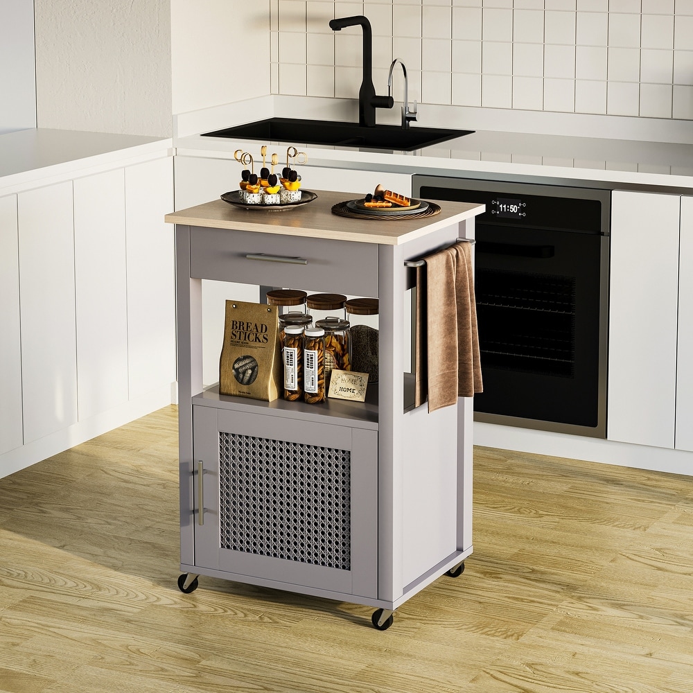 Rolling Rattan Kitchen Cart with Single Door Cabinet and Storage Shelf