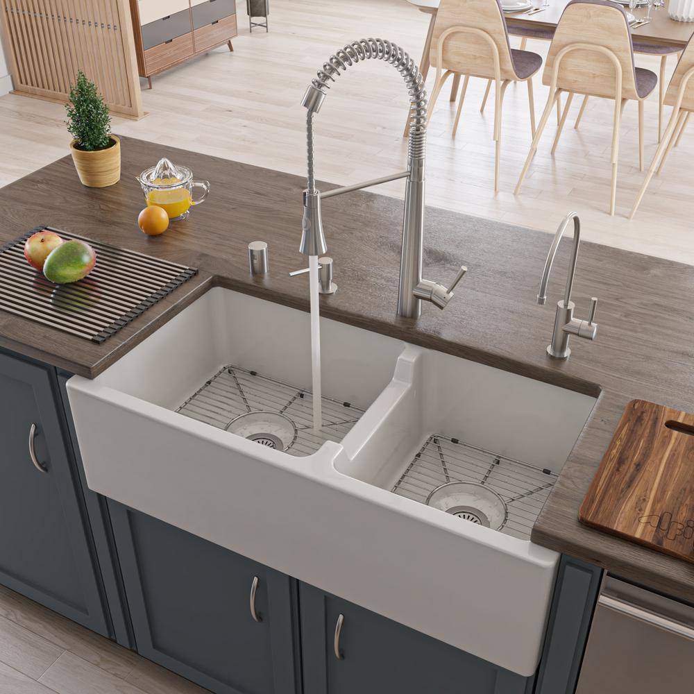 ALFI BRAND Smooth Farmhouse Apron Fireclay 36 in. Double Basin Kitchen Sink in White AB3618DB-W