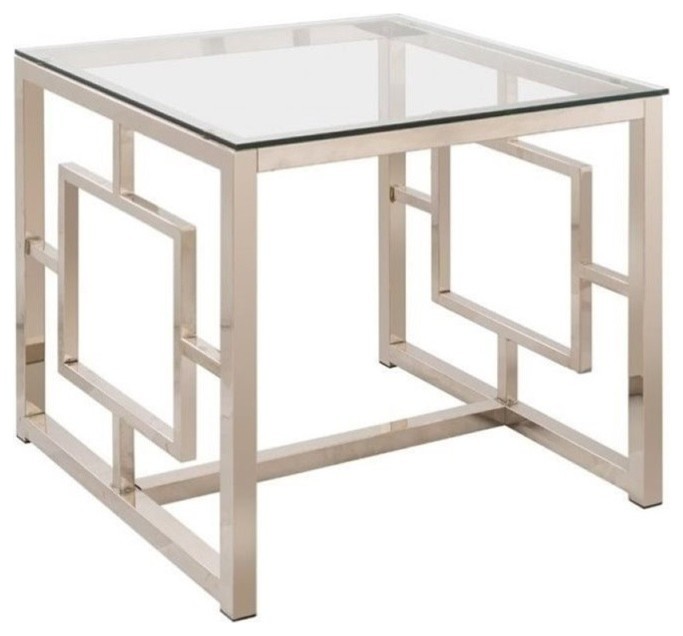 Bowery Hill Contemporary Metal Square Glass Top End Table in Nickel   Side Tables And End Tables   by Homesquare  Houzz