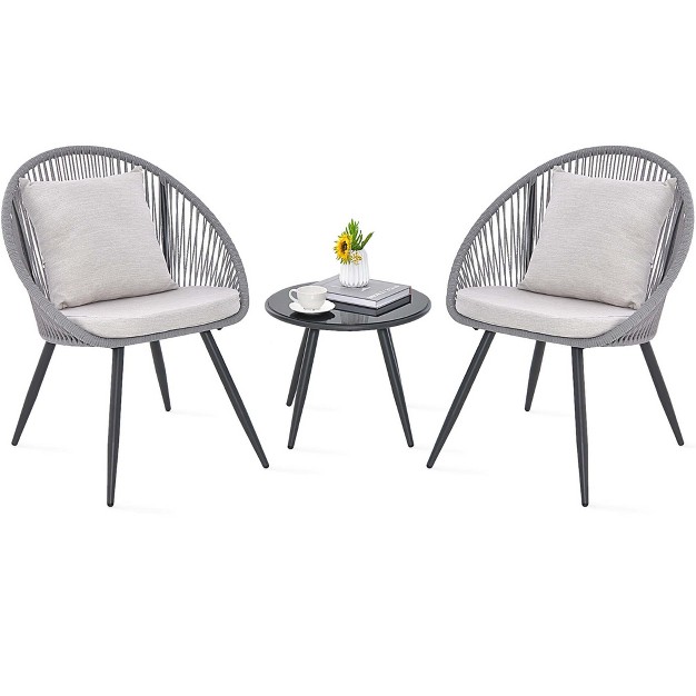 Costway 3 Piece Patio Furniture Set With Seat amp Back Cushions Tempered Glass Tabletop