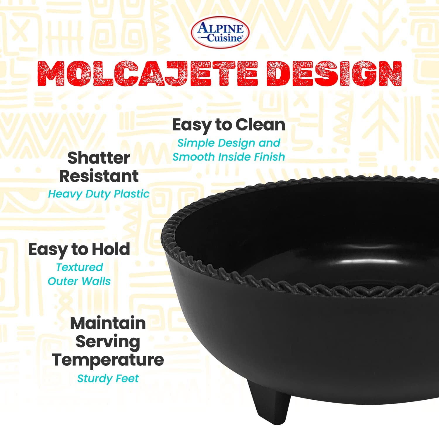 Alpine Cuisine Small Salsa Bowls (Molcajete) 4in/12cm， High-Quality and Food Grade Plastic Material， Heavy Duty and Easy to Clean， Multi-Purpose Salsa Bowl for Serving， Durable and Dishwasher Safe