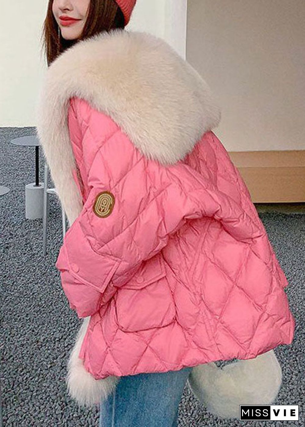 Stylish Pink Fox Hair Sailor Collar Pockets Fine Cotton Filled Puffers Jackets Winter