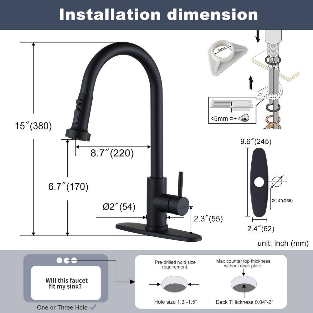 IVIGA Henassor Single Handle Pull-Down Sprayer Kitchen Faucet with Deck Plate in Black VG2312601B