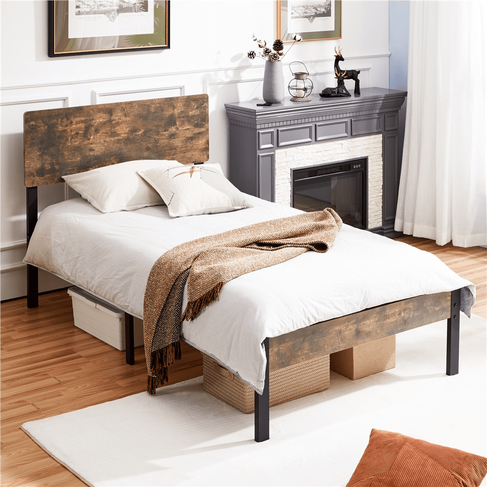 Topeakmart Platform Metal Twin Bed Frame with Wooden Headboard & Footboard