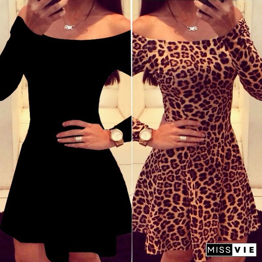 Women Fashion Leopard Party Dresses Pleated Long Sleeves Slim Sheath Mini Dress