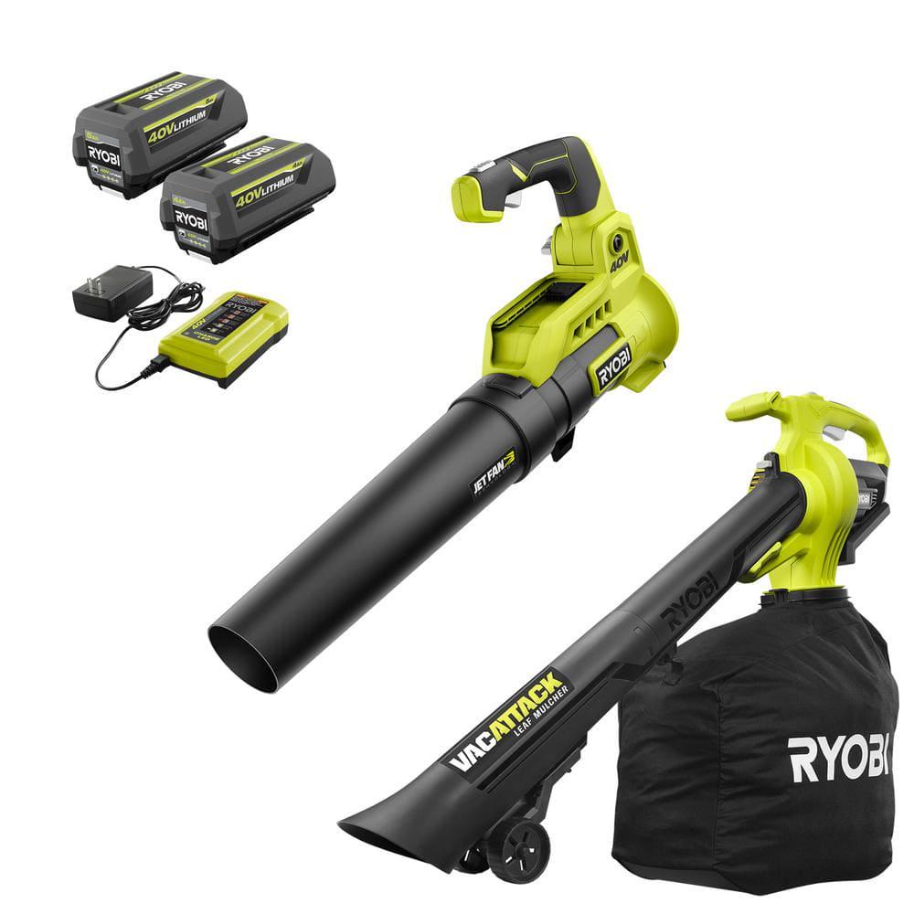 RYOBI 40V Cordless 110 MPH 525 CFM Cordless Leaf Blower and Cordless Leaf VacuumMulcher w