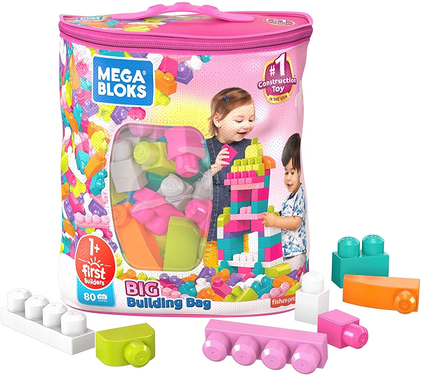 Mega Bloks First Builders Big Building Bag， Building Toys for Toddlers- Pink Bag