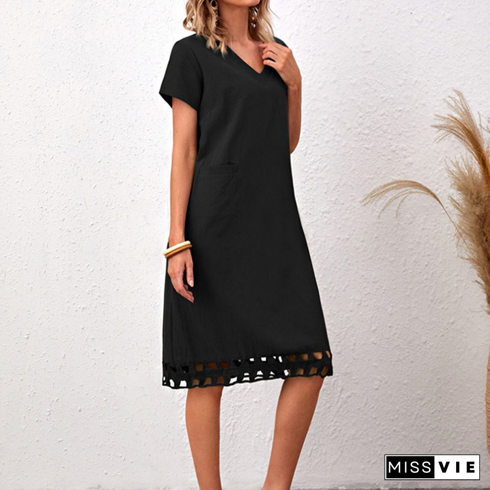 Fashionable And Versatile V-neck Short Sleeve Slim Solid Cotton Linen Dress