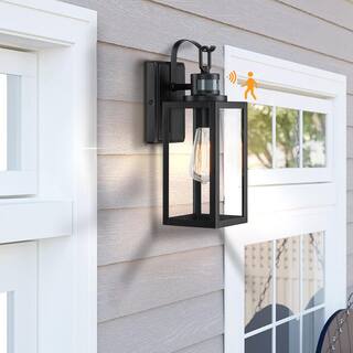 Uixe 15 in. 1-Light Matte Black Motion Sensing Outdoor Wall Lantern Sconce Dusk to Dawn with Clear Glass SSL-12151-MS