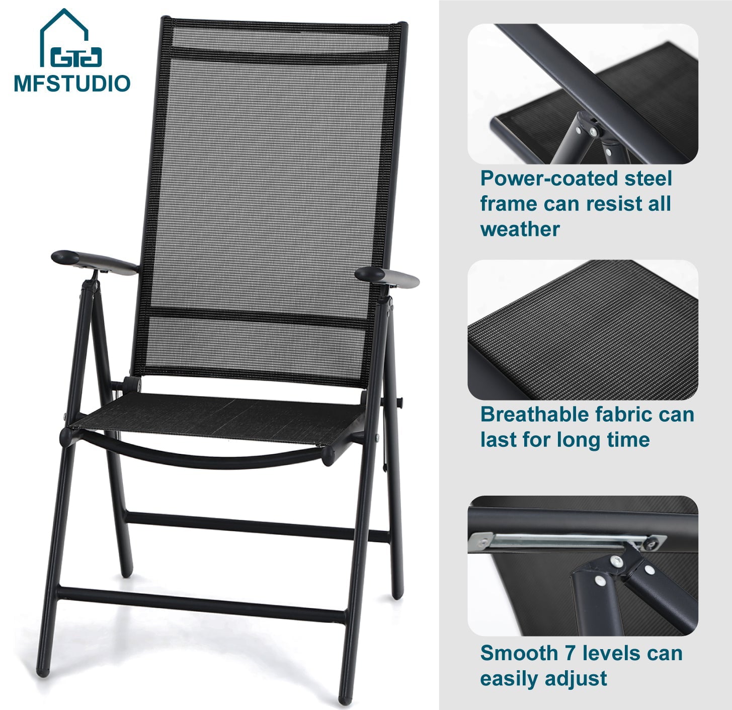 MF Studio Set of 2 Outdoor Patio Dining Chairs Aluminum Folding Recliner with 7 Backrest Angles&Textilene Seat, Black