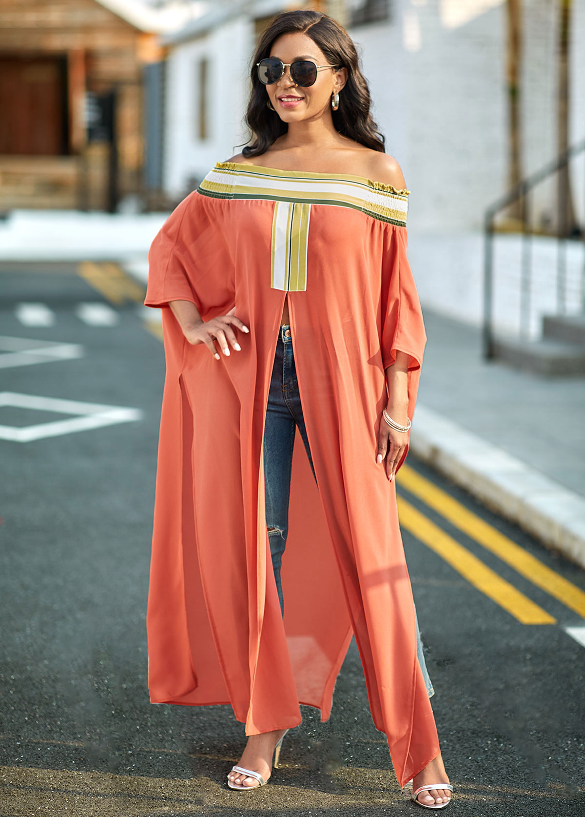 Striped High Slit Off Shoulder Blouse