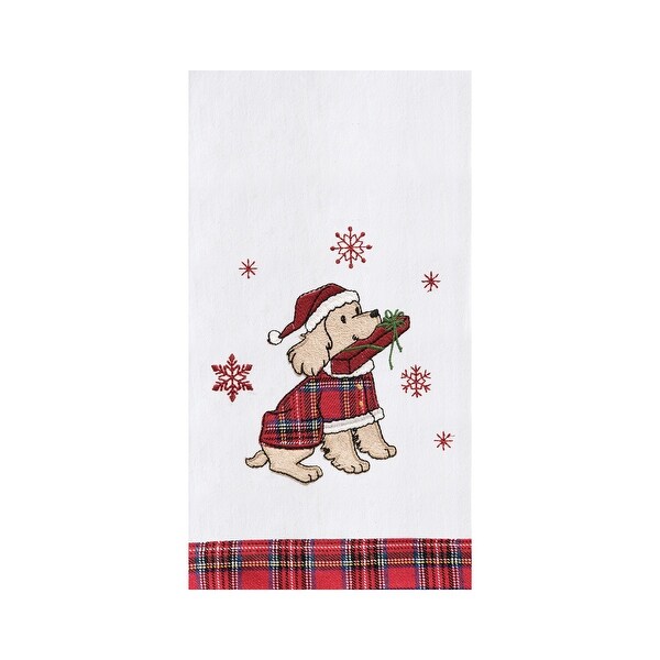 Festive Dog With Present Embellished Flour Sack Kitchen Towel