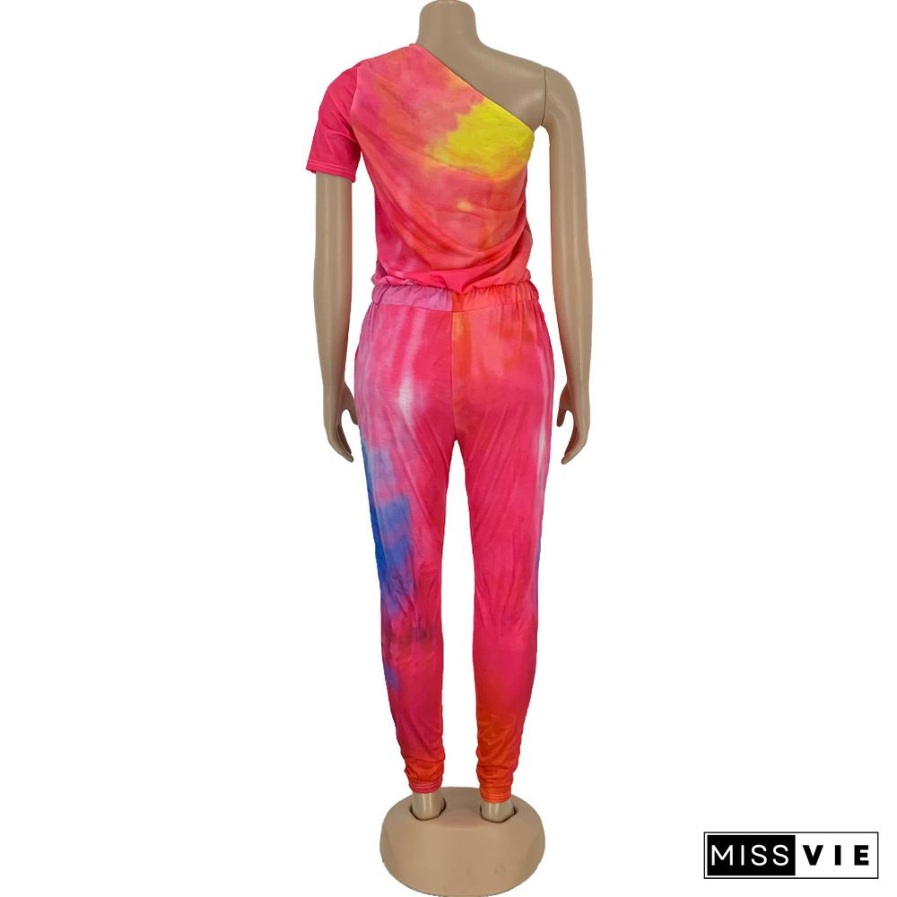 Fashion Tie-Dye Single Sleeve Loose Mid-Waist Jumpsuit