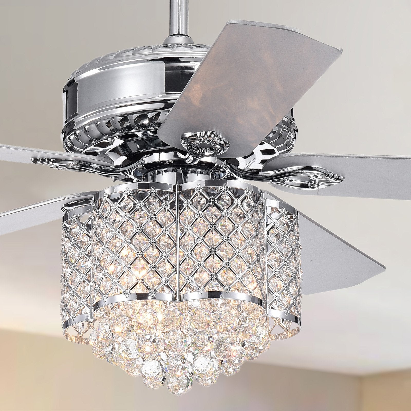 Deidor 5-blade 52-inch Chrome Ceiling Fan with 3-Light Crystal Chandelier (Remote Controlled)