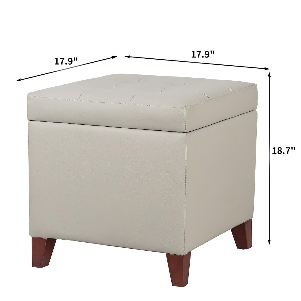 PU Storage Ottoman  Upholstered Square Faux Leather Foot Rest   Flip Top Footstool with Wood Legs  Small Cube Table Extra Seat