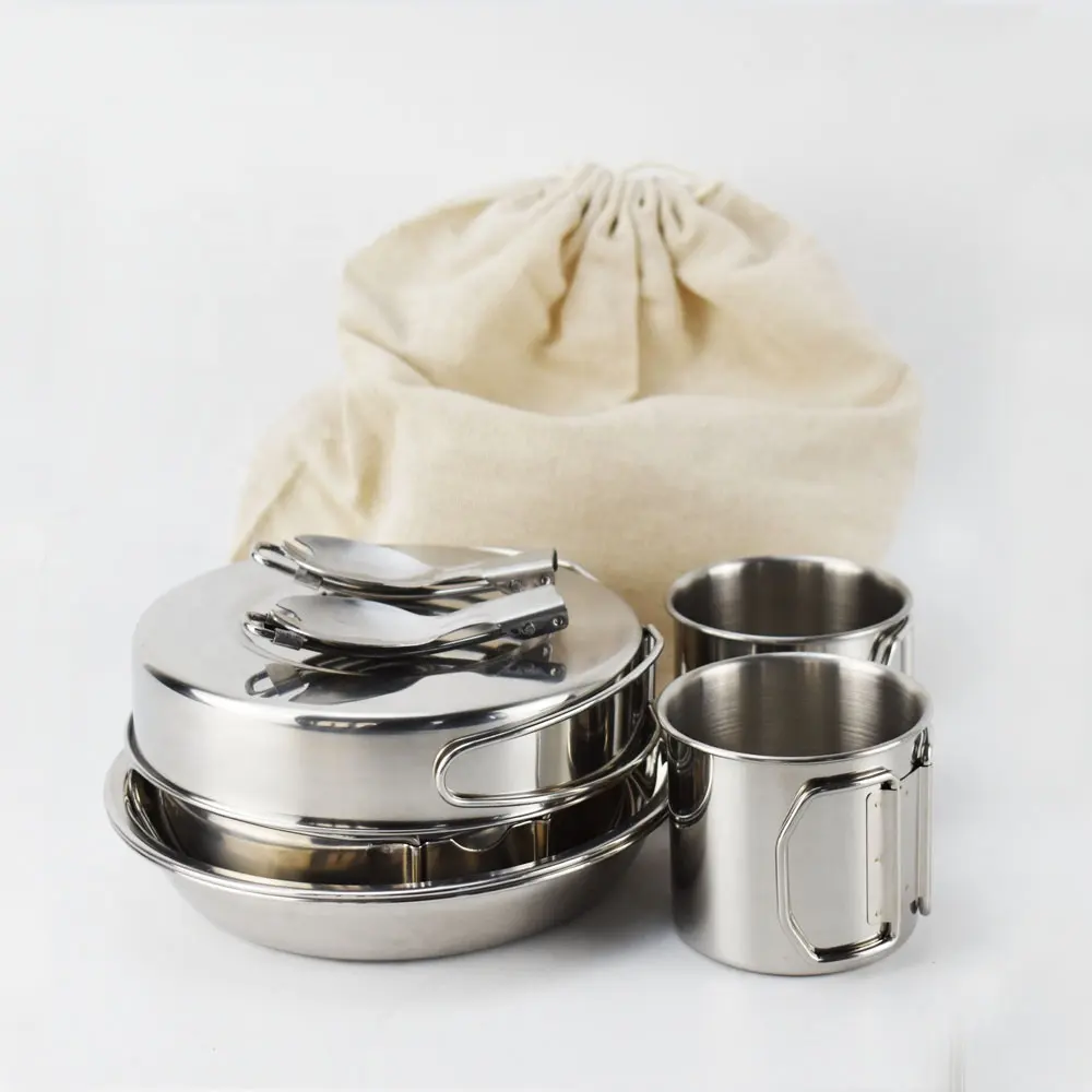 Stainless Steel Camping Pot Mess Kit Durable Food Container Box Cup Folding Spoon for Camping Hiking