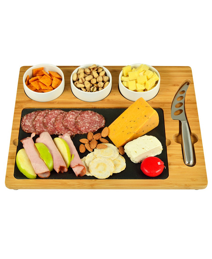 Picnic At Ascot Deluxe Bamboo Slate Cheese Board 3 Bowls Multifunction Knife