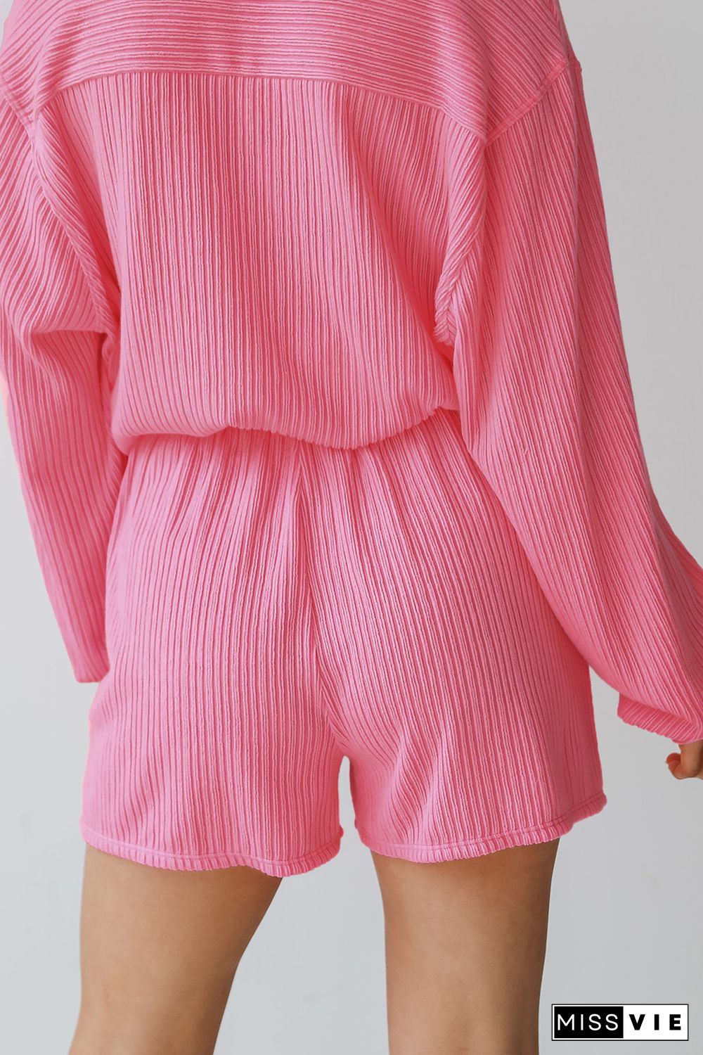 Pink Ribbed Knit Button Top and Shorts Set